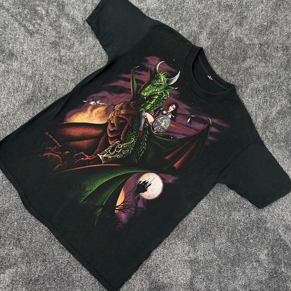 Vintage Men’s AOP 90s Liquid Blue Black Dragon Rider Warrior Shirt Jacob XL